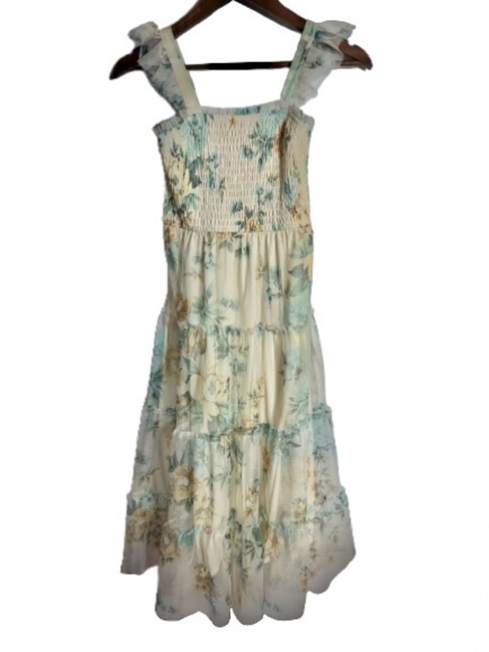Girls Cream Floral Tiered Maxi Dress with Smocked Bodice